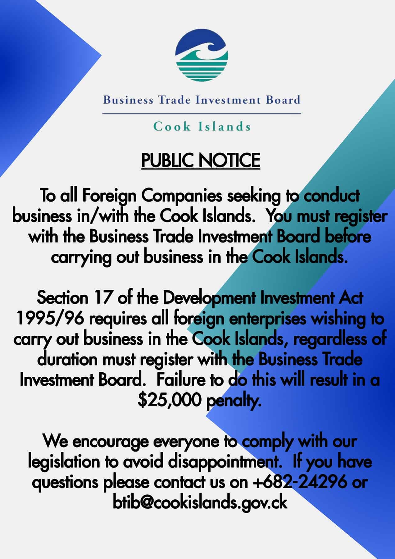 Foreign Enterprises Notices Business Trade Investment Board Cook Islands